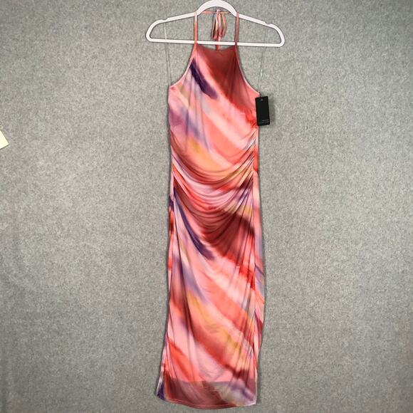 Caution To The Wind Dresses & Skirts - Caution To The Wind Dress Womens Small‎ Pink Midi Halter Ruched Bodycon Mesh